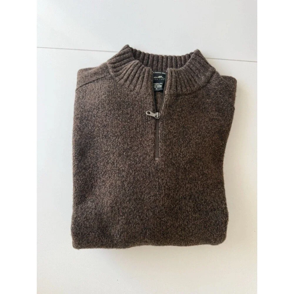 Eddie Bauer Sweater Mens XL 100% Merino Wool 1/4 Zip Mock Neck Knit Brown - Picture 12 of 13